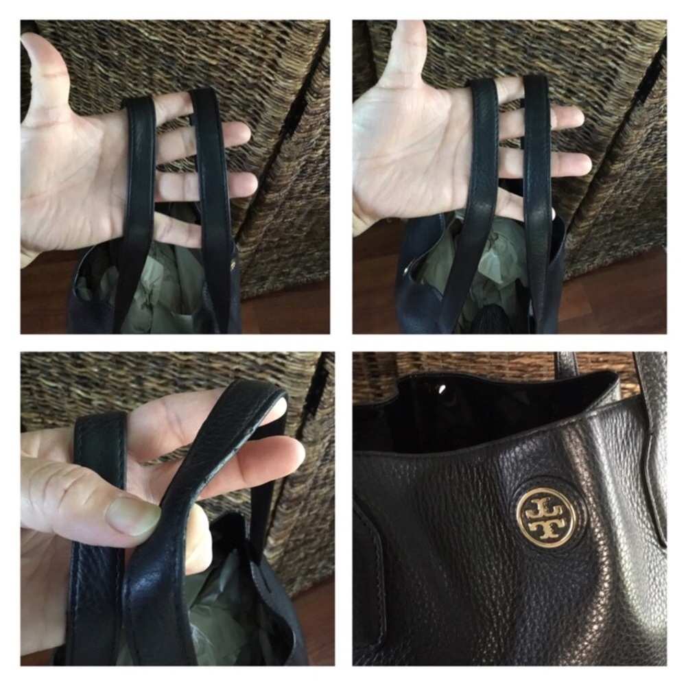 TORY BURCH MICHELLE BLACK PEBBLED LEATHER BUCKET TOTE BLACK GOLD LOGO - Picture 6 of 15